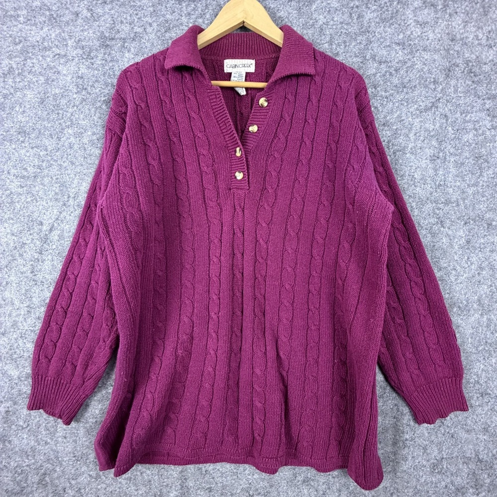 Vintage Cabin Creek Polo Sweater Womens Large Magenta Cable Knit Collared Cotton